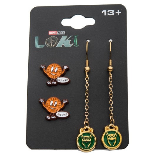 Set pendientes Marvel Loki corona y Miss Minutes